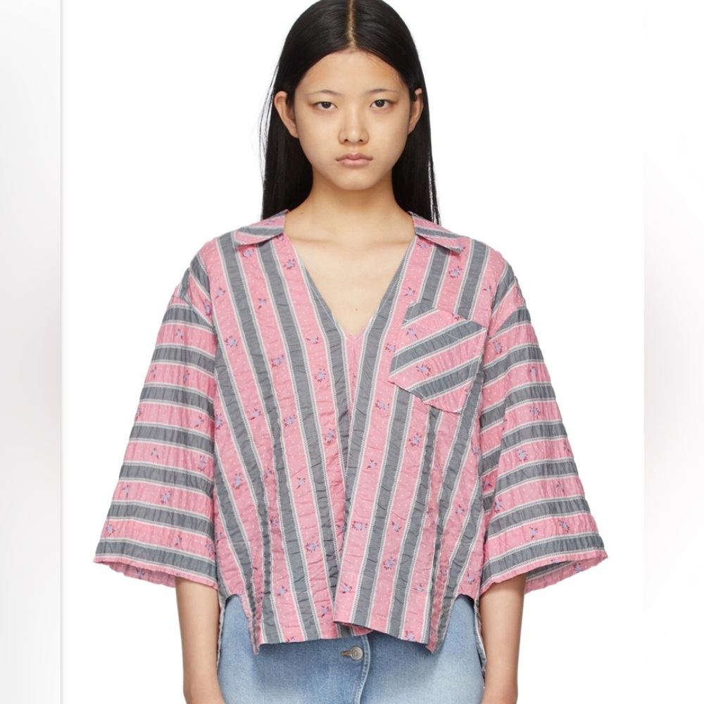 Ganni Pink and Grey oversized striped short sleeve shirt